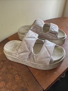 J Slides Quilted Double-Strap Platform Sandals in sparkly light taupe!